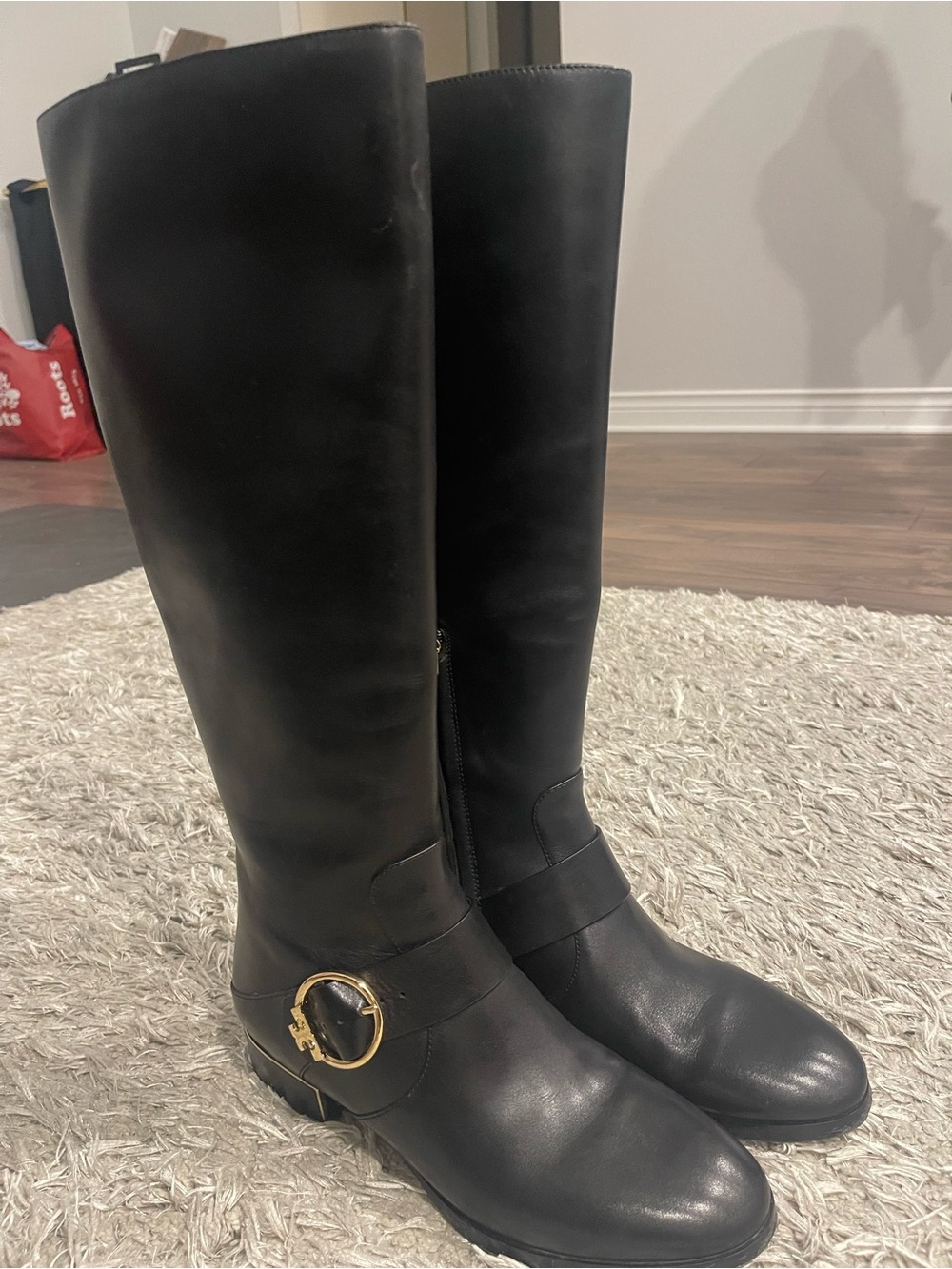 Tory Burch Black Leather Over-the-Knee Boots with Gold Buckle